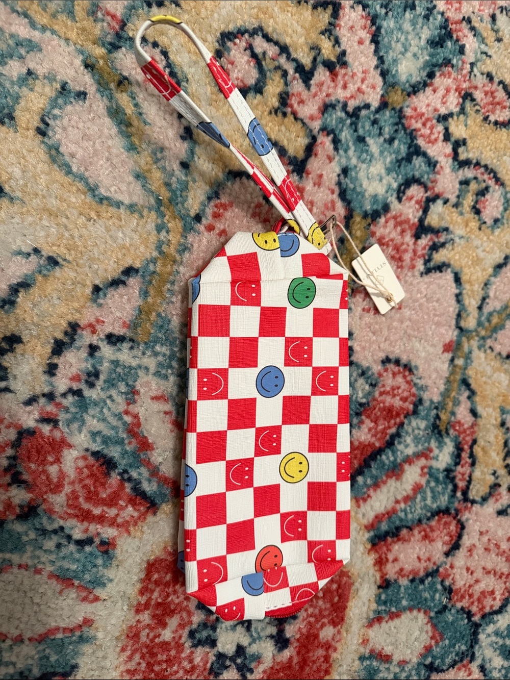 Smiley Checkered Wristlet Pouch - Red Multicolor